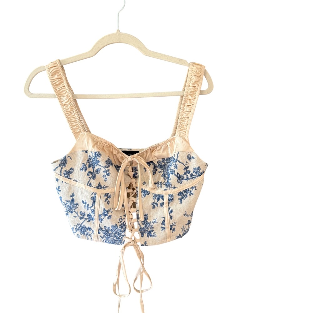 Cider Blue Floral Toile Corset Crop Top Lace Up Corset Ruched Straps Victorian M
